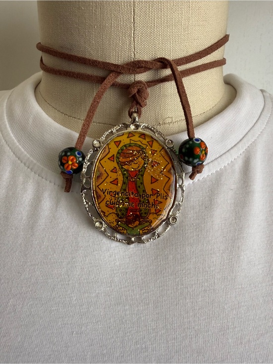 Jewelry - Handmade Brown Suede Choker Necklace with Yellow Virgen de Guadalupe Pendant